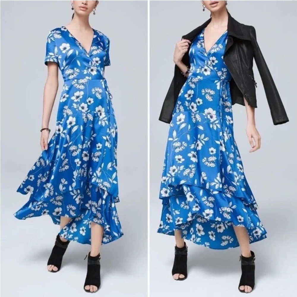 White House Black Market Satin Floral Print Faux Wrap Midi Dress 0 - Picture 2 of 5
